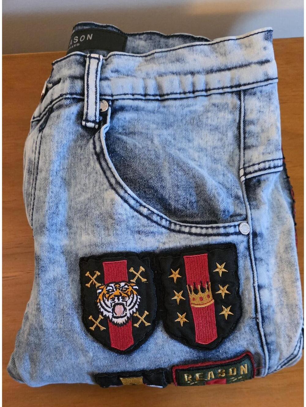 Reason Mens Service Graphic Patch Acid Wash Moto Jeans 30x34